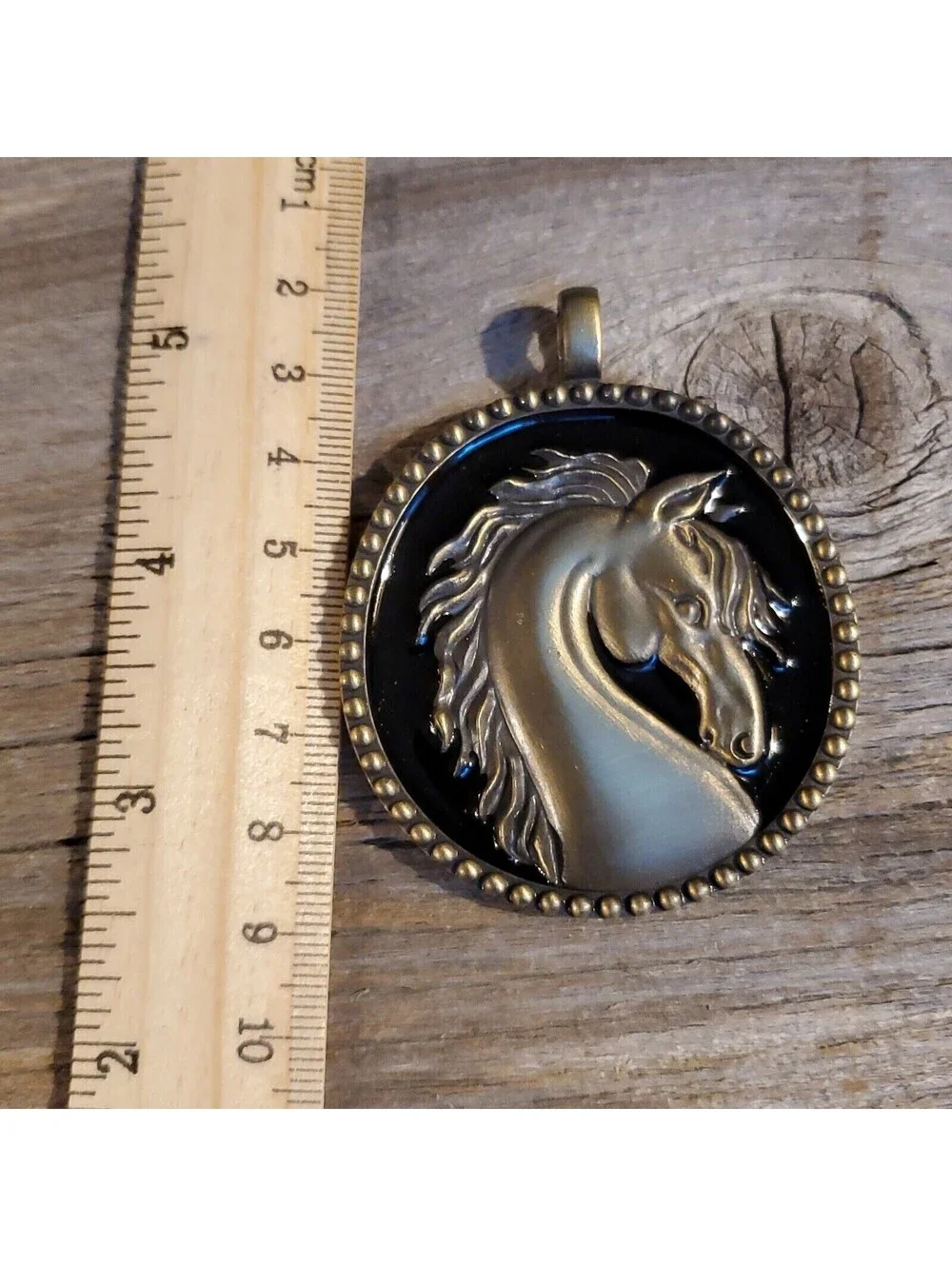 Wild Horse Long Mane Brushed Bronze Black Enamel 67mm Oval Statement Pendant